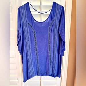 Kori America Boho Crochet Tunic Top Blue Flutter Batwing Cape Back Size L‎